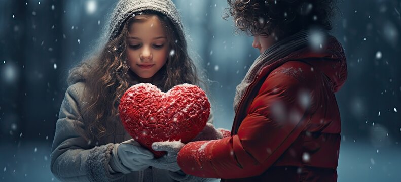 woman holds a red heart in her hand with snow falling