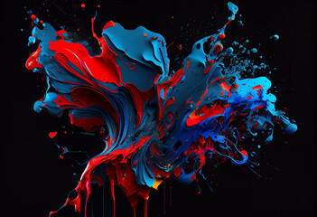 Red blue paint splash art background paint, in the style of dark yellow and dark cyan, dark matter art, black background, liquid emulsion printing. Generative AI - obrazy, fototapety, plakaty