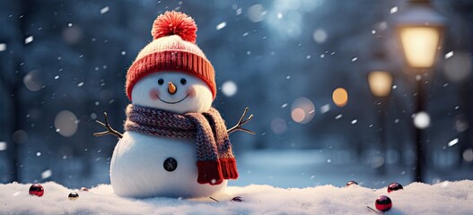 snowman is standing in the snow wearing a red scarf - obrazy, fototapety, plakaty
