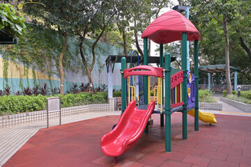 New combination of play equipment with slides in a children's playground in Hong Kong in 2023