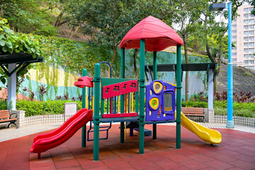 New combination of play equipment with slides in a children's playground in Hong Kong in 2023