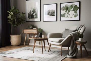 Contemporary living room setup with comfy chair, trendy rug, and botanical art collection. Generative AI