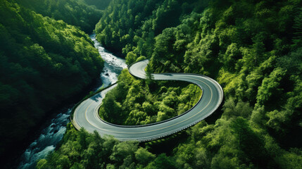 From above,  a mesmerizing drone shot of a winding road cutting through a dense forest