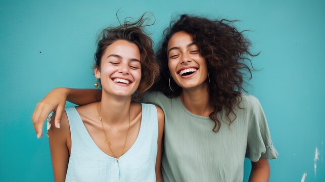Smailling two women isolated on white background. generative ai