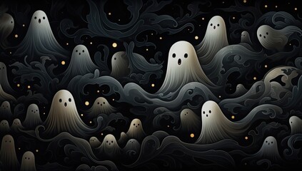Many ghosts scattered on a black background