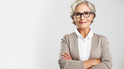 Middle age beautiful businesswoman wearing glasses standing over isolated white background with a happy . generative ai - obrazy, fototapety, plakaty