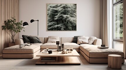 Modern Living Room with Sofa, Black Table and a Picture: Light Brown, Indigo, Norwegian Nature, Soft-Edged Elegance, Cozy, Stylish, Interior Design