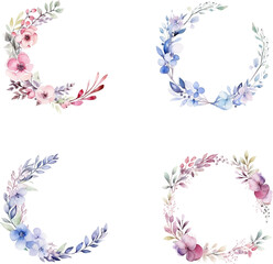 set of watercolor round flower frame illustrations, template wedding invitation card