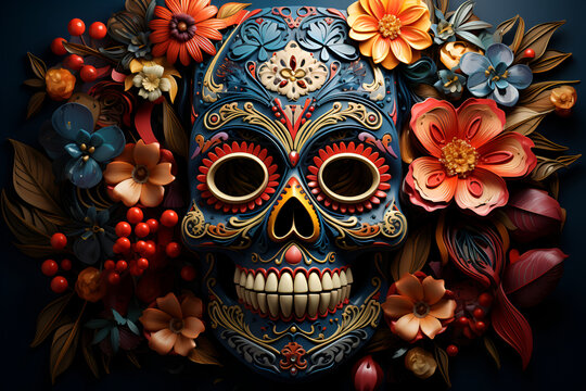 Blue Sugar skull with flowers, Day of the Dead