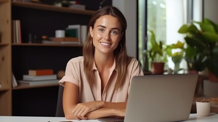 Fototapeta premium woman working on laptop at office. generative ai