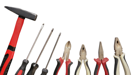Collection of home repair tools on transparent background with space for text. Hammer, screwdrivers, pliers, wire cutters