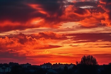 A vibrant sunset with red and orange hues painting the sky