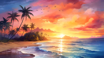 Schilderijen op glas Summer background palms, sky and sea sunset. gorgeous landscape, watercolor © Imran