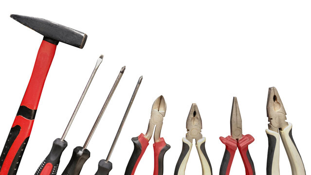 Collection of home repair tools on transparent background with space for text. Hammer, screwdrivers, pliers, wire cutters