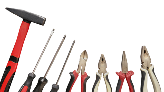Collection of home repair tools on transparent background with space for text. Hammer, screwdrivers, pliers, wire cutters - Powered by Adobe