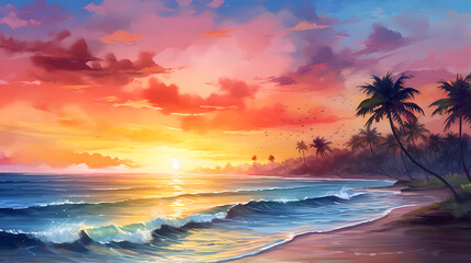 Summer background palms, sky and sea sunset. gorgeous landscape, watercolor - obrazy, fototapety, plakaty