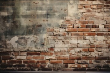 An aged brick wall with layers of peeling paint