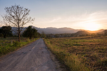 Fototapeta na wymiar road unhill by meadow at sunset with mountain in Khao Yai, Korat