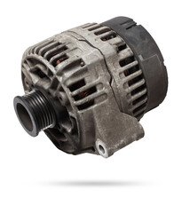 Car generator, car electrical network element on white background, generator details close-up....