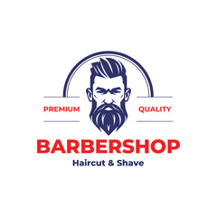 Stylish barber shop logo featuring a dashing man with a beard and mustache. vintage barbershop emblems, labels, badges, logos.