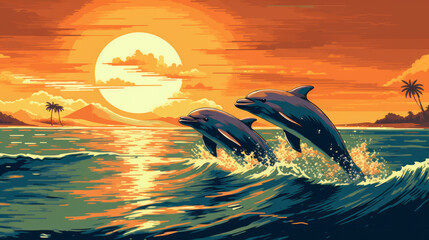 Two dolphins jumping out of the water at sunset