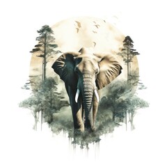 Double exposure of an elephant, isolated on white background
