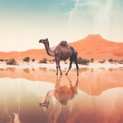 Double exposure of a camel, isolated on white background