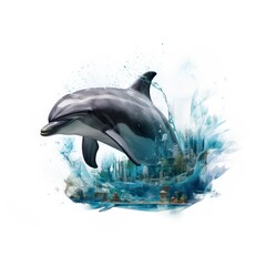 Double exposure of a dolphin in the sea isolated white background