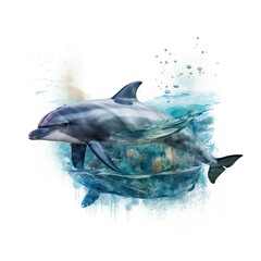 Double exposure of a dolphin in the sea isolated white background