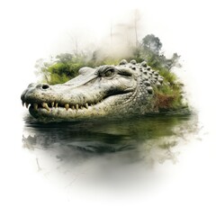Obraz premium Double exposure of a crocodile aligator isolated white background