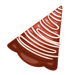 Chocolate pie slice, top view vector illustration. Cartoon isolated homemade brown baked tart portion decorated with whipped cream or sugar icing, triangle piece of chocolate torte for dessert