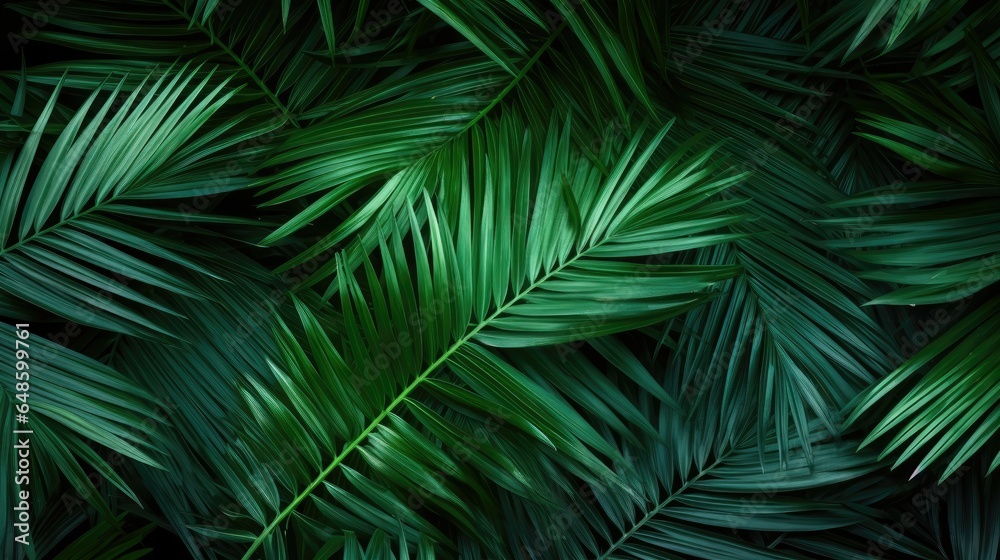 Wall mural lush, tropical palm leaf texture background, featuring large, emerald green fronds and a lush, exoti