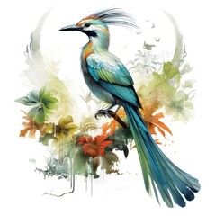 Double exposure of paradise bird in the jungle isolated white background
