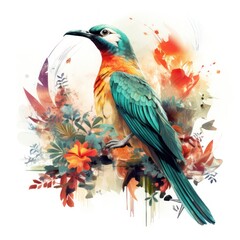 Double exposure of paradise bird in the jungle isolated white background