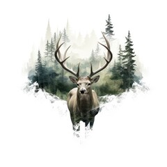 Double exposure of a deer in forest isolated white background