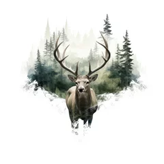 Poster Double exposure of a deer in forest isolated white background © shooreeq