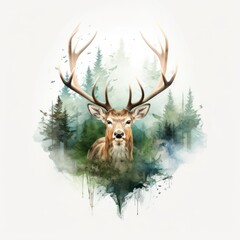 Double exposure of a deer in forest isolated white background