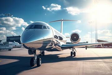 Closeup view of parked private jet airplane, waiting business persons. Luxury tourism, business travel transportation. 3D rendering. Generative AI