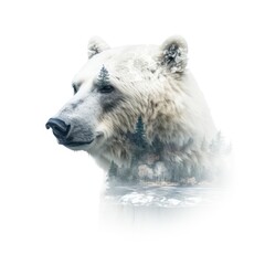 Double exposure of polar bear isolated white background