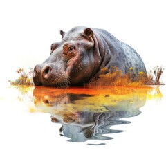 Double exposure of hippo river isolated white background