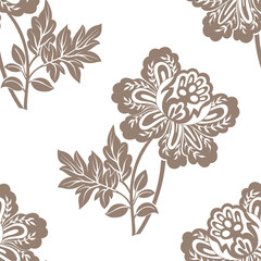 Floral seamless pattern. Decorative flowers monochrome color, beautiful pattern. Stylized plants on a white background. For wrapping paper, invitations, cards, curtains, fabric, web, cover, rug, mat - 648599995