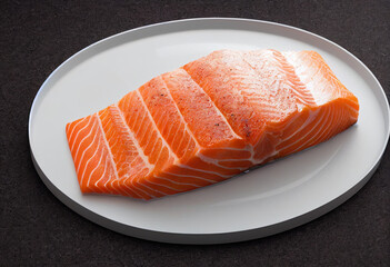 Salmon cut into large pieces put on a white plate realistic white background. Generative AI