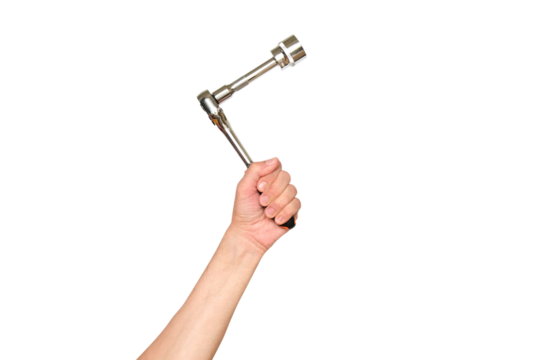Male hand holding a socket wrench on a transparent background