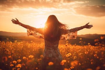 Happy woman raised her hands up in a beautiful meadow during sunset. Woman enjoying life at sunset in a field with wildflowers. Generative AI