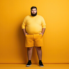 Excited fat man celebrating success. Happy plus size bearded man on yellow background
