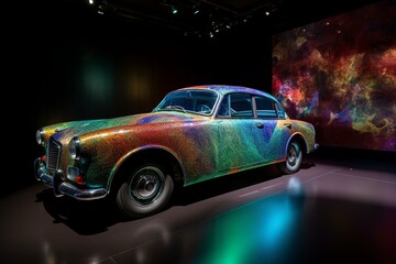 Colourful car with holographic chameleon design showcased at an exhibition. Generative AI