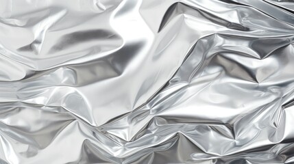 Shimmering silver foil texture background, marked by metallic luster and reflective surfaces. A modern choice for high-end packaging and tech-related projects. - obrazy, fototapety, plakaty