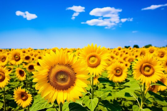Scenic field of sunflowers in summer. Generative AI