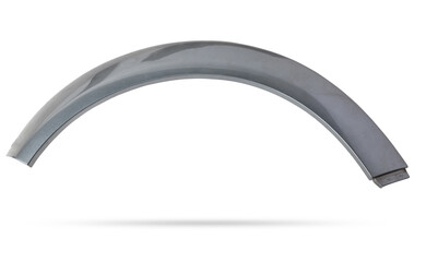 Gray plastic fender flare on a white isolated background in a photo studio for sale or replacement in a car service. Mudguard on auto-parsing for repair or a device to protect the body from dirt.