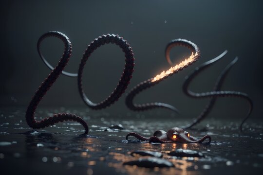 wet and twisted octopus tentacle creates 2024 number with light painting on dark blue background
